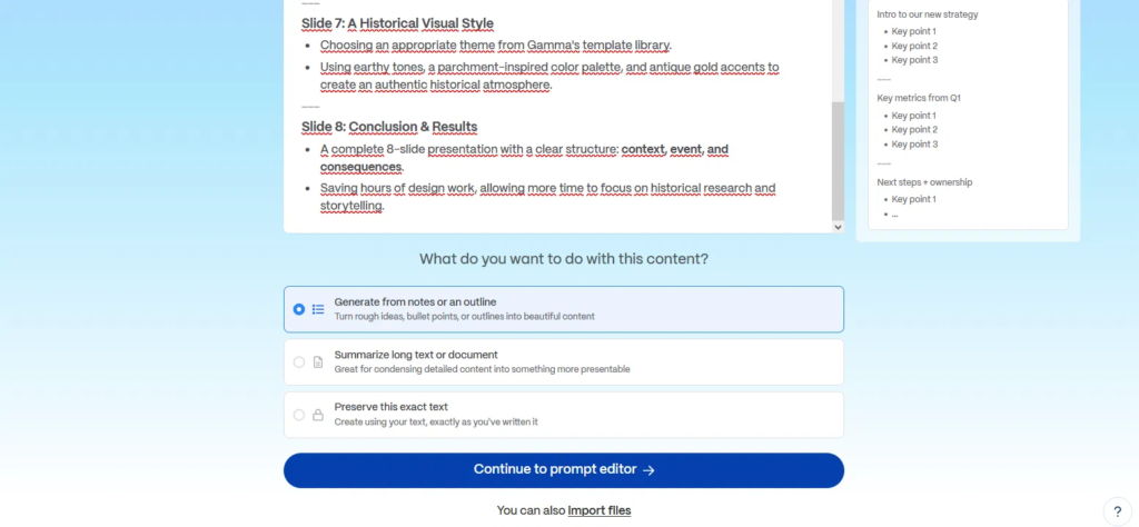 Gamma AI generate from notes or outline option for the presentation