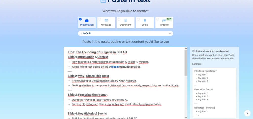 Gamma AI outline pasted for the Bulgaria history presentation