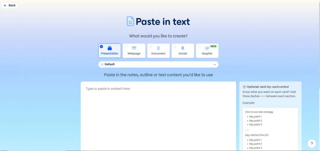 Gamma AI paste in text feature for creating a presentation outline