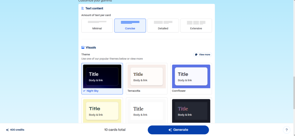 Gamma AI customize text and theme screen image