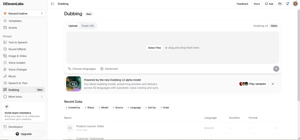 The Dubbing section in ElevenLabs image